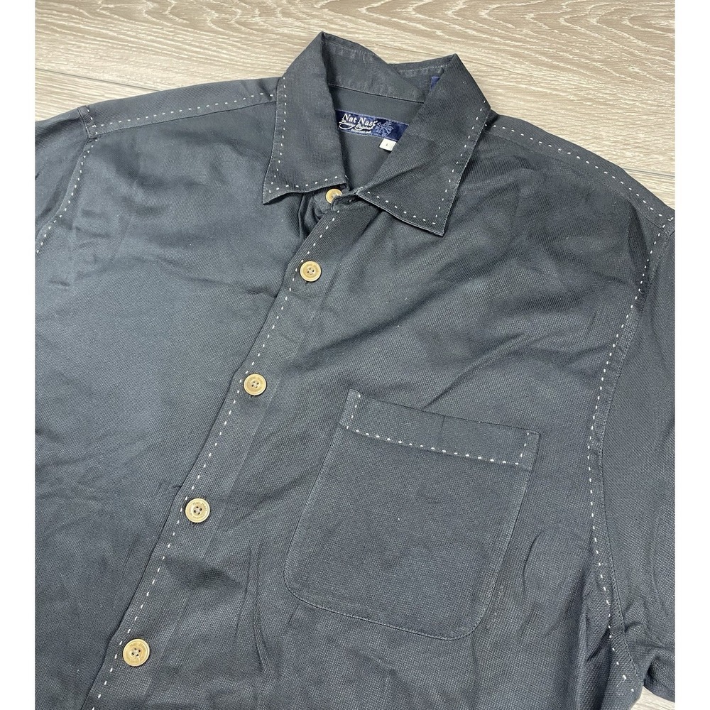 Nat Nast Men's 100% Silk Short Sleeve Button Shirt Black Size Large‎